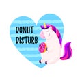 Cute cartoon vector unicorn with donut. Template for postcard, design for T-shirt