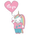 Cute cartoon vector unicorn with medical mask and balloon with hand drawn lettering miss you text quarantine Covid-19 coronavirus Royalty Free Stock Photo