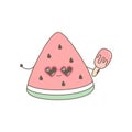 Cute cartoon vector watermelon character with ice cream funny summer illustration isolated on white background Royalty Free Stock Photo