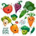 Cute Cartoon vegetable characters set. Kawaii faces of roots, carrot, broccoli, tomato, pepper for kids Vector vegie