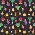 Cute cartoon vegetable seamless vector pattern with confetti.