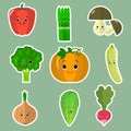 Set of flat icons of vegetable smiles stickers on a green background.