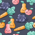 Cute cartoon vegetables and fruits seamless pattern on dark background. Healthy food seamless pattern in doodle style