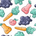 Cute cartoon vegetables and fruits seamless pattern on white background. Healthy food seamless pattern in doodle style