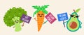 Cute cartoon vegetables vector icons set. Carrots, avocado and broccoli with banners. The fruits promote proper plant nutrition.
