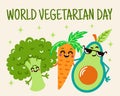 Cute cartoon vegetables vector illustration. Fun broccoli, carrots and avacados celebrate World Vegetarian Day. Hand-drawn harvest Royalty Free Stock Photo