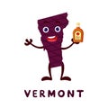 Cute cartoon Vermont state character clipart. Illustrated map of state of Vermont of USA with state name. Funny character design