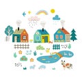 Cute cartoon village. Funny doodle landscape with country houses, trees, flowers, pets, pond. Hand drawn flat vector illustration