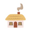 Cute cartoon village hut. Little doodle house. Rural life item. Thatched roof, smoke chimney. Beautiful farmer icon