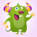 Cute cartoon violet horned and fluffy monster smiling. Vector illustration.