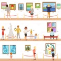Cute cartoon visitors and guide characters in art museum. People admire paintings and sculptures in the gallery
