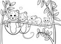 Cute cartoon vole family vector coloring page outline. Male and female voles with their little voles hanging on grass blade.