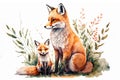 Cute cartoon watercolor fox with little cub illustration. Generative AI