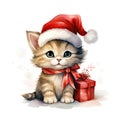 cute cartoon watercolor ginger kitten in red christmas hat and gift box isolated on white background Royalty Free Stock Photo