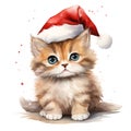 cute cartoon watercolor ginger kitten in red christmas hat isolated on white background Royalty Free Stock Photo