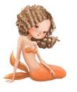 Cute cartoon mermaid with red curled hairs