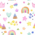 Cute cartoon watercolor rainbow landscape seamless pattern.