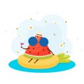 Cute cartoon watermelon character swims with cocktail