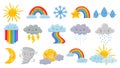 Cute cartoon weather. Happy hot sun, rainbow over clouds and funny snowflake. Snowly and rainy cloud, sleeping moon and angry Royalty Free Stock Photo