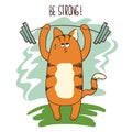 Cute cartoon weightlifter cat lifting the barbell.