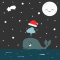 Cute cartoon whale with christmas red hat in the starry night illustration