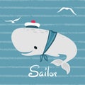 Cute cartoon whale salor. Vector illustration for kids Royalty Free Stock Photo