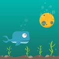 Cute cartoon Whale underwater wonderingly looking on yellow submarine.  flat vector illustration Royalty Free Stock Photo