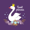 Cute cartoon white baby swan princess vector graphics for poster or girl t-shirt Royalty Free Stock Photo