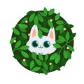 Cute cartoon white cat is playing hide in foliage. Royalty Free Stock Photo