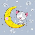 Cute cartoon white gray cat sleeps on the moon. Vector illustration. A beautiful kitten. The little kitten is sleeping