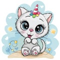 Cartoon white Kitten with the horn of a unicorn