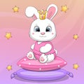 A cute cartoon white rabbit with a crown sits on pillows.