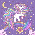 Cute, cartoon white unicorn on a rainbow among the stars. Fantasy animal. Vector