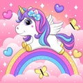 A cute cartoon white unicorn with the wings flies in the sky with butterflies surrounded by hearts and stars. Royalty Free Stock Photo