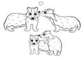 Cute cartoon wild badgers family vector coloring page outline. Male and female badgers or brocks with their badgers. Coloring book