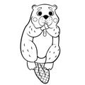 Cute cartoon wild beaver with a wooden stick vector coloring page outline. Coloring book of forest animals for kids. Isolated on