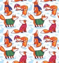Seamless pattern with cute foxes in sweaters. Holiday vector illustration