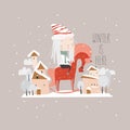 Cute Cartoon Winter Girl ride on Wooden Horse in Snowy Town Royalty Free Stock Photo