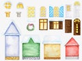 Cute cartoon winter house, windows, doors, christmas decorations constructor on white background. Elements set Perfect