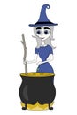 Cute cartoon witch brewing potion in the cauldron. Flat style halloween illustration, isolated on white background