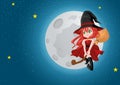 Cute Cartoon Witch Flying With Her Broom During Full Moon