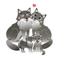 Cute cartoon wolf family vector image. Male and female wolfs with their cubs. Forest animals for kids. Isolated on white