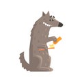 Cute cartoon wolf holding a toothbrush and a toothpaste colorful character, animal grooming vector Illustration