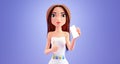 Cute cartoon woman in a dress holds a smartphone and shows a empty screen, 3d rendering. Portrait of a pretty woman