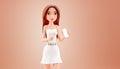 Cute cartoon woman in a dress holds a smartphone and shows a empty screen, 3d rendering. Portrait of a young woman