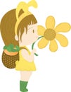 Cute cartoon woman Dressed as a rabbit with a basket of carrots on the back and holding a yellow flower. Royalty Free Stock Photo