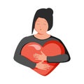 Cute cartoon woman holding a big red heart. Love, help, charity, health and care concept. Thin line vector illustration.