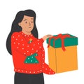 Cute cartoon woman holding a present box. A gift, bonus, reward, loyalty program. Thin line vector