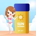 Cute cartoon woman with sunscreen