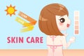 Cute cartoon woman wear sunscreen